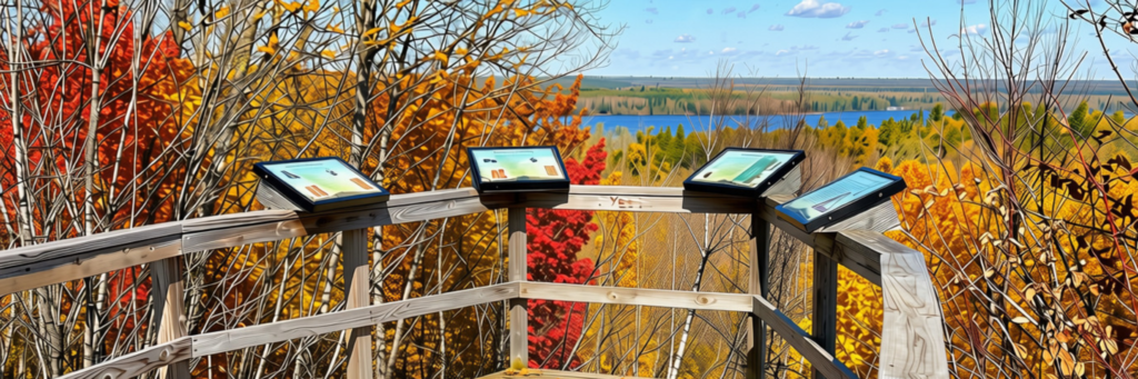 Places to Explore Scenic view overlooking Savannah State Portage Trail from a wooden deck with informational plaques surrounded by autumn foliage.