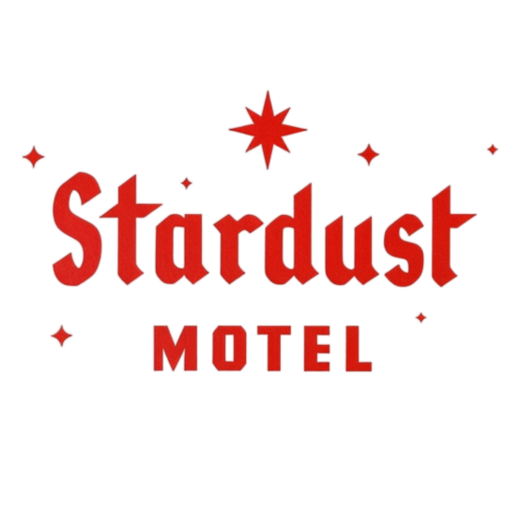 Stardust Motel Logo Logo for the Stardust Motel featuring a classic red text wordmark with a retro starburst design above the word "Stardust" and the word "MOTEL" underneath.
