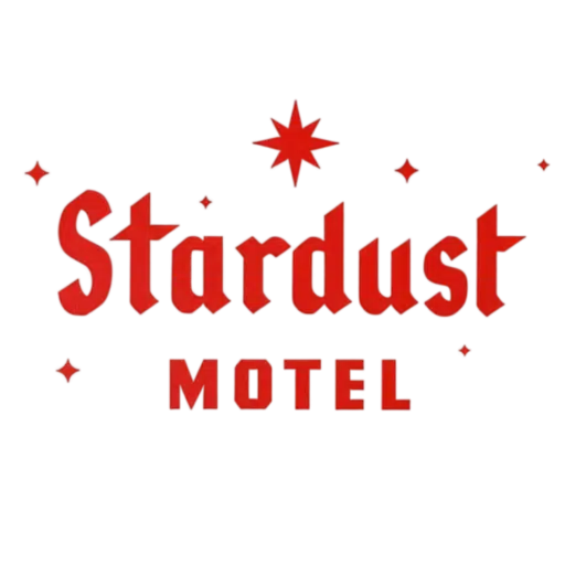 Logo for the Stardust Motel featuring a classic red text wordmark with a retro starburst design above the word "Stardust" and the word "MOTEL" underneath.